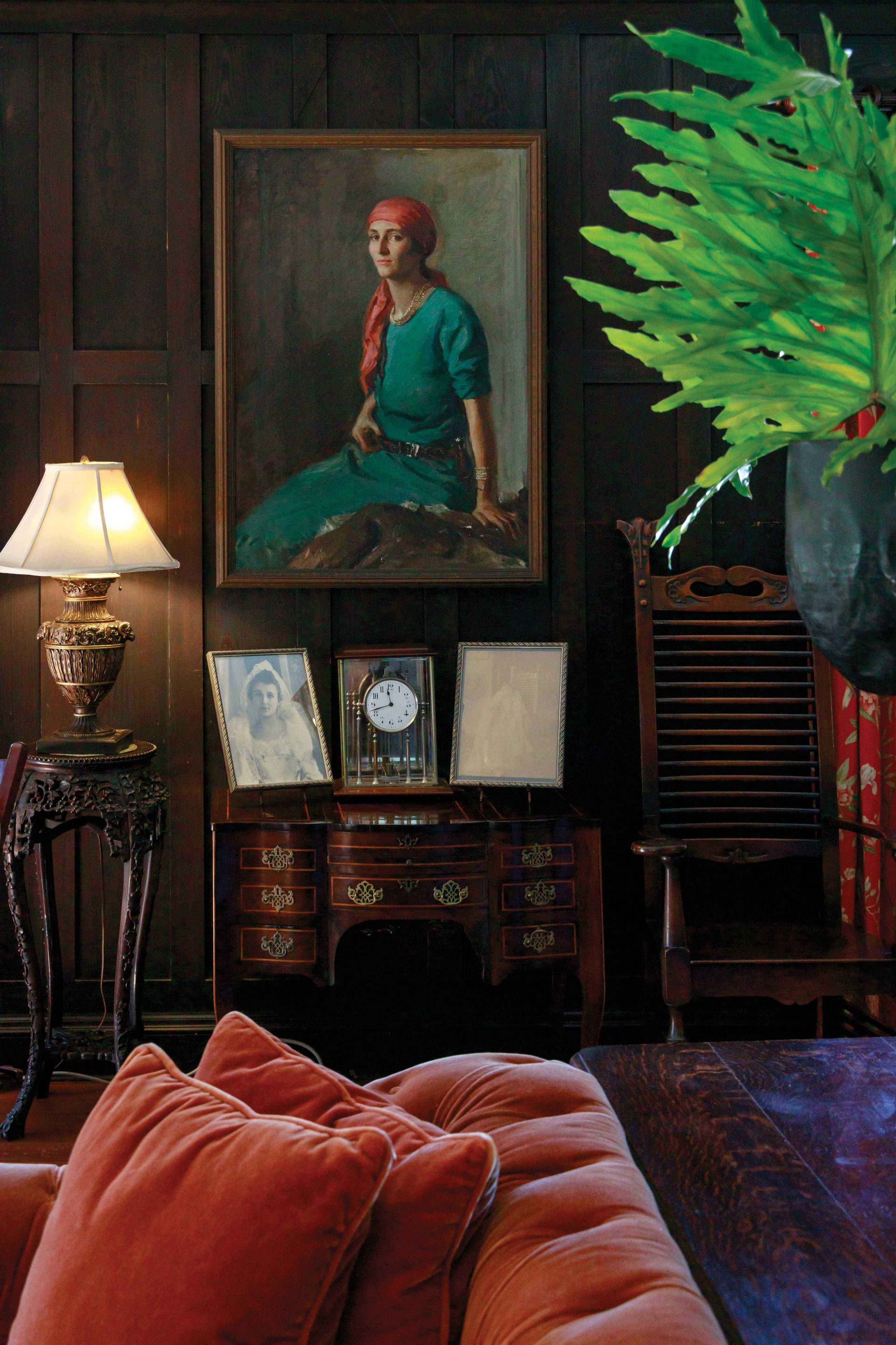 A portrait of Lucy Carnegie Ferguson in the wood-paneled parlor of The Greyfield Inn, the island's only public lodging.