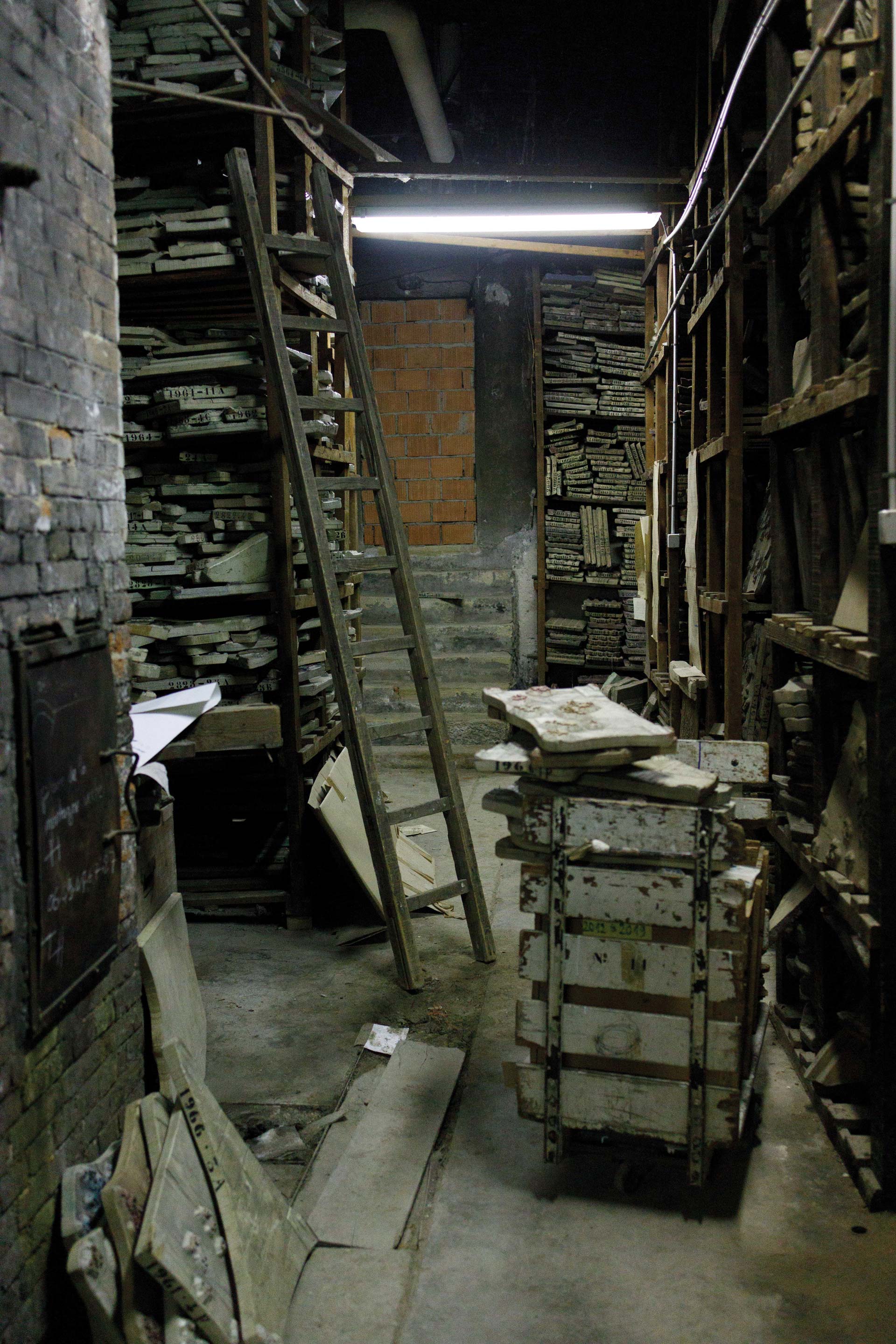 Dozens of rows of individually numbered shelves contain the 150,000-piece woodblock collection.